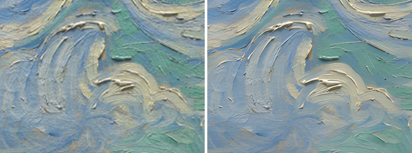Plain 4× enlargement (left) versus AlphaUpscale ×4 (right) of the same 1024 px source, detail of Van Gogh's Wheat Field with Cypresses
