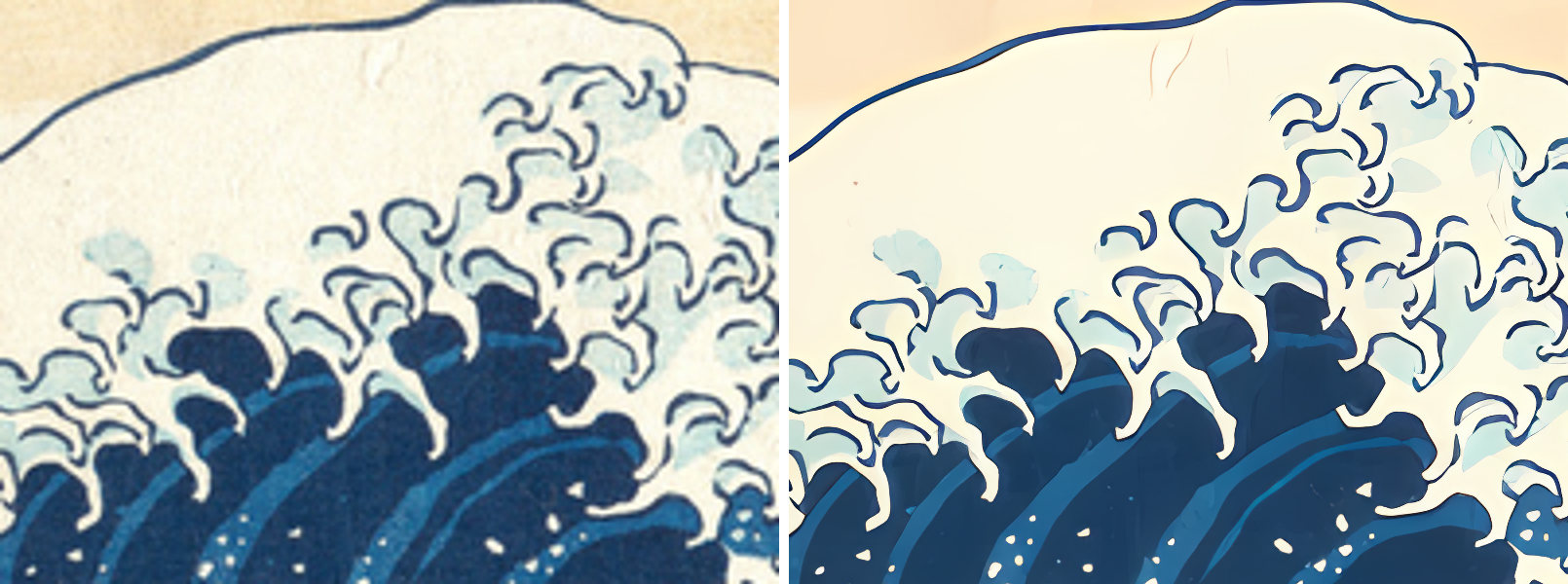 Plain 4× enlargement (left) versus AlphaUpscale ×4 flat-art model (right), detail of Hokusai's Great Wave