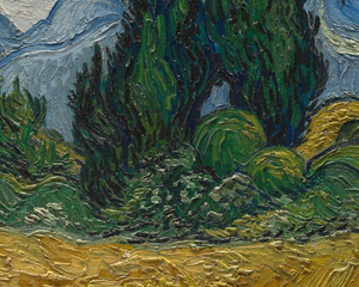 Detail of Van Gogh's Wheat Field with Cypresses enlarged four times with plain resampling: soft and blurred